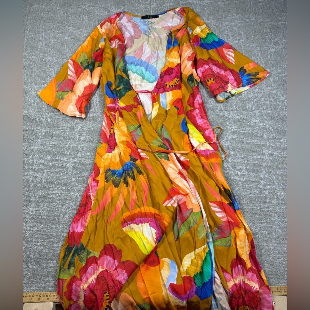 BSL Multi color Floral Printed true Wrap Minimalist Dress Women Size Large